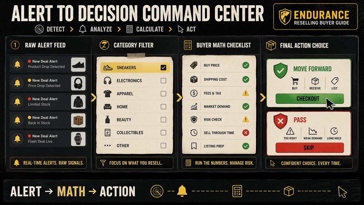 Generated Endurance command center infographic showing deal alerts moving through category filters, buyer math, and final action choice