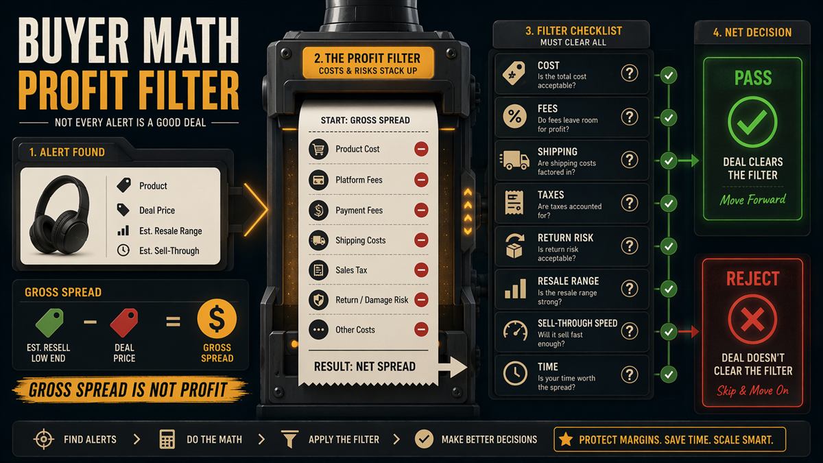 Generated buyer math infographic showing gross spread filtered through product cost, fees, shipping, taxes, return risk, resale range, and time