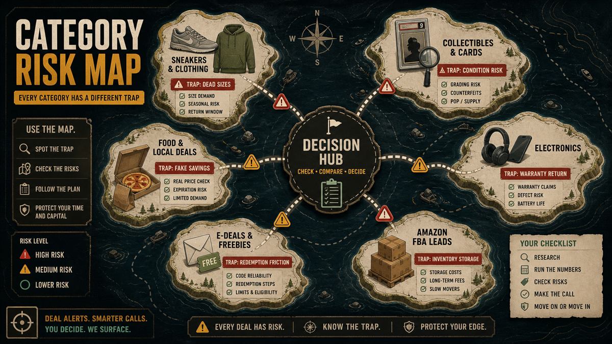 Generated category risk map showing sneakers, collectibles, electronics, food deals, e-deals, and Amazon FBA leads connected to a central decision hub