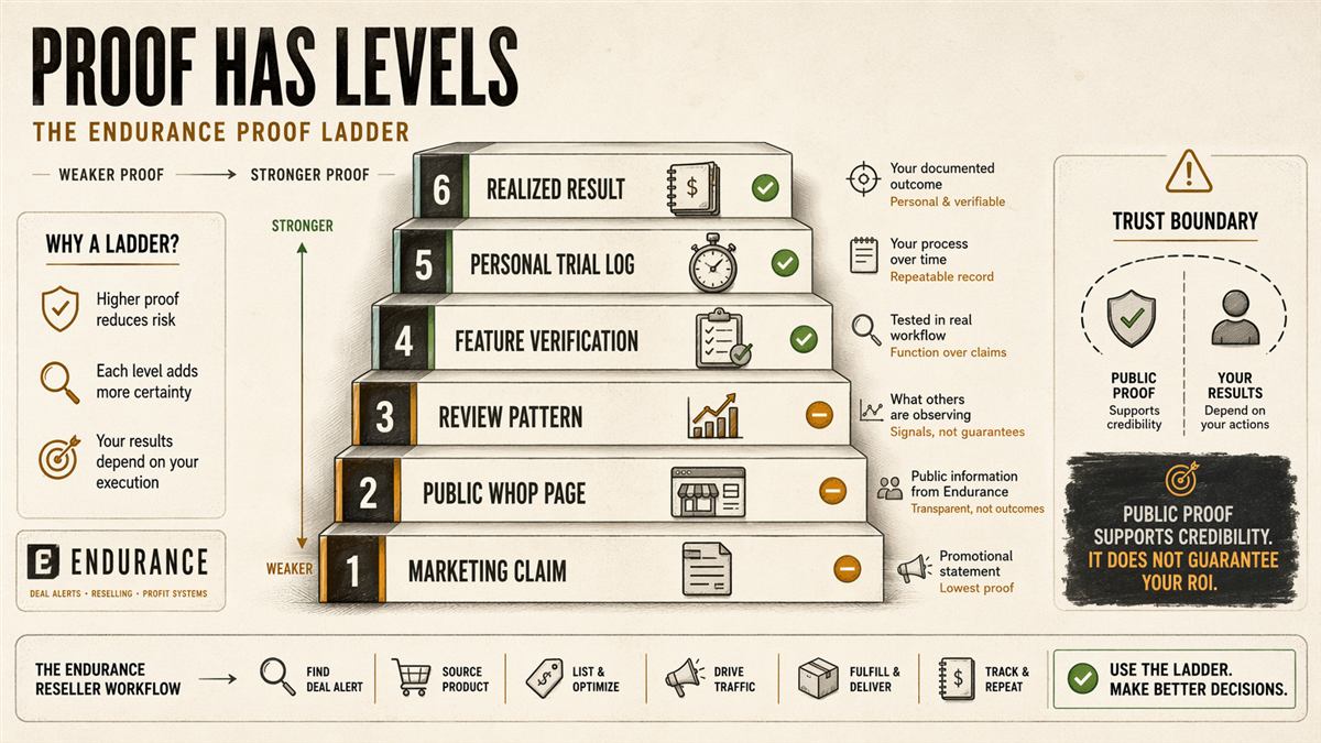 Generated proof ladder infographic showing marketing claims, public marketplace signals, review patterns, feature verification, trial logs, and realized results