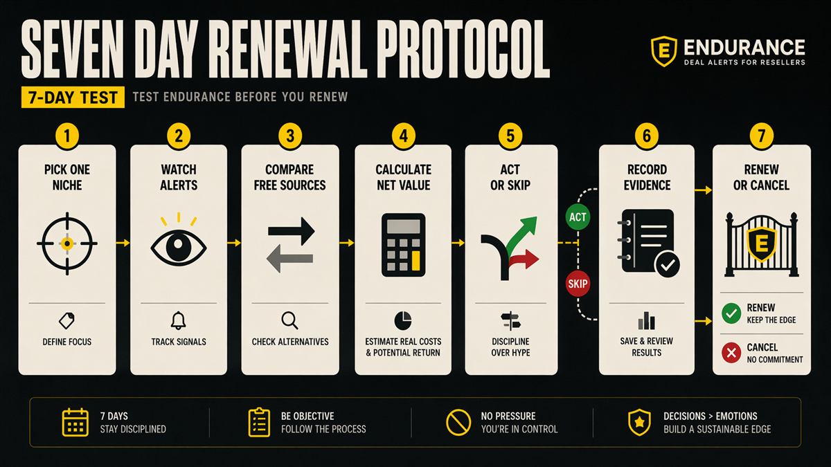 Generated seven day renewal protocol infographic showing pick one niche, watch alerts, compare free sources, calculate net value, act or skip, record evidence, and renew or cancel